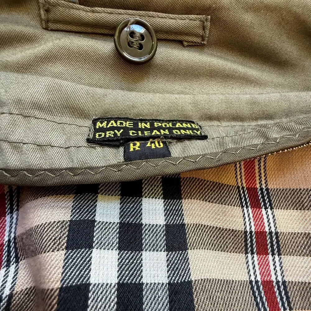 VTG 60s Poland Trench Coat Mens 40 US M Dark Khaki Check Lining Belted